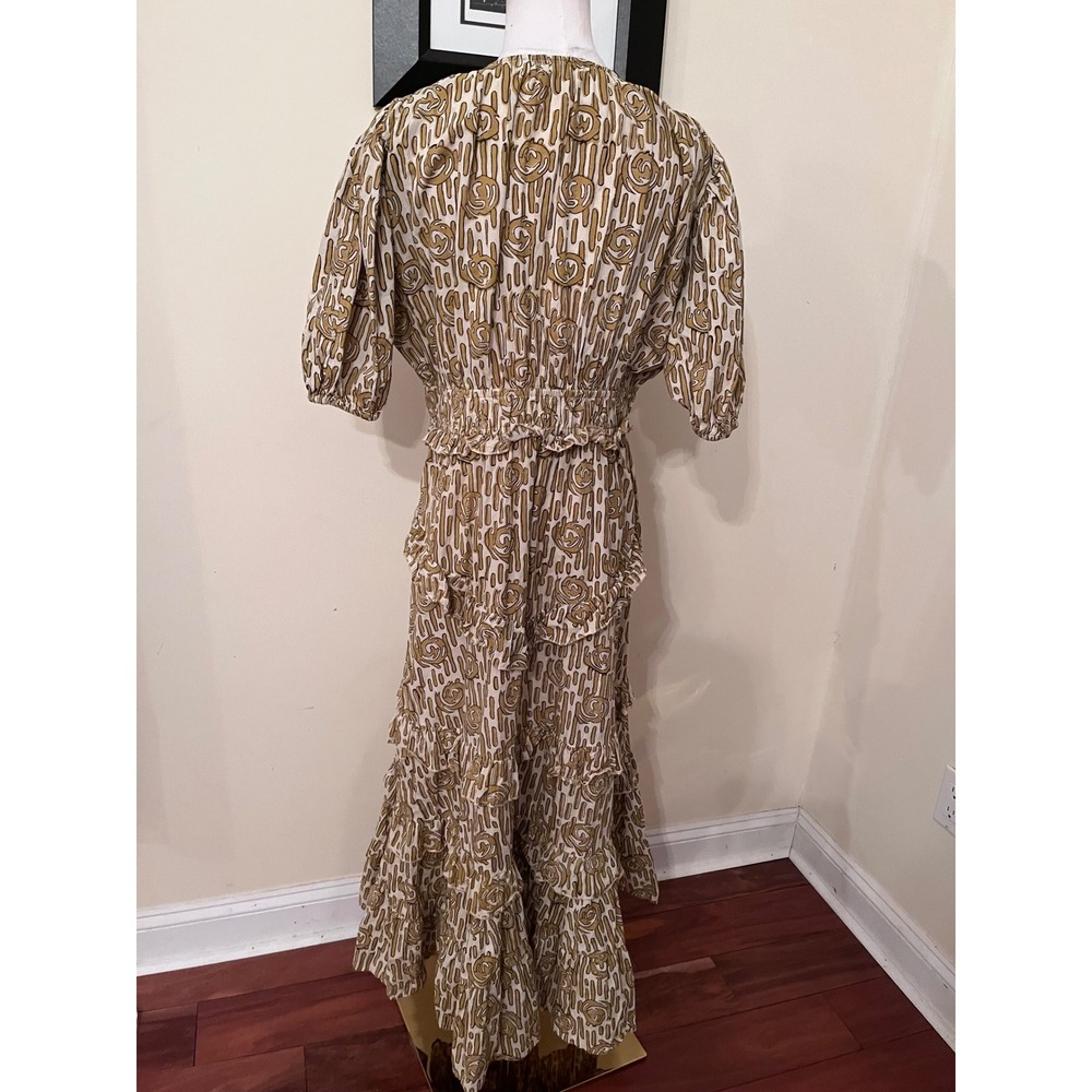 Anna Cate Mustard Cream Abstract Print Tiered Cotton Maxi Dress Puff Sleeve M - Picture 7 of 7